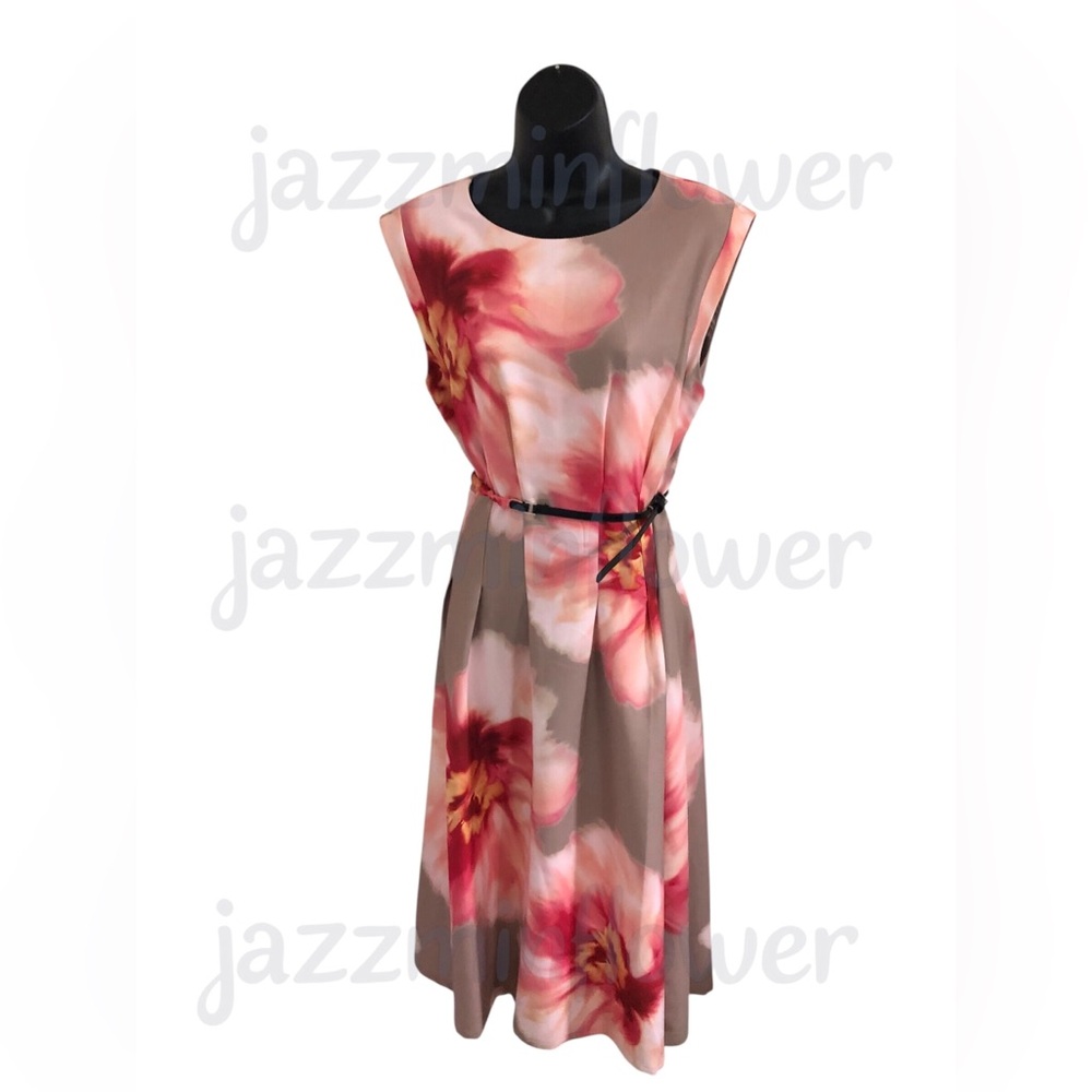DKNY tan orange peach tropical flower print belted sheath dress new size 8